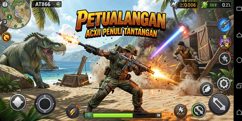 Gameplay aksi mendebarkan dalam AT866 dengan karakter dan senjata beragam.