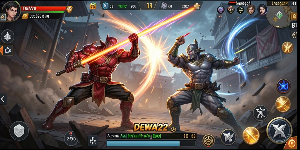 Screenshot gameplay DEWA22 menampilkan pertarungan seru antara karakter dalam arena.