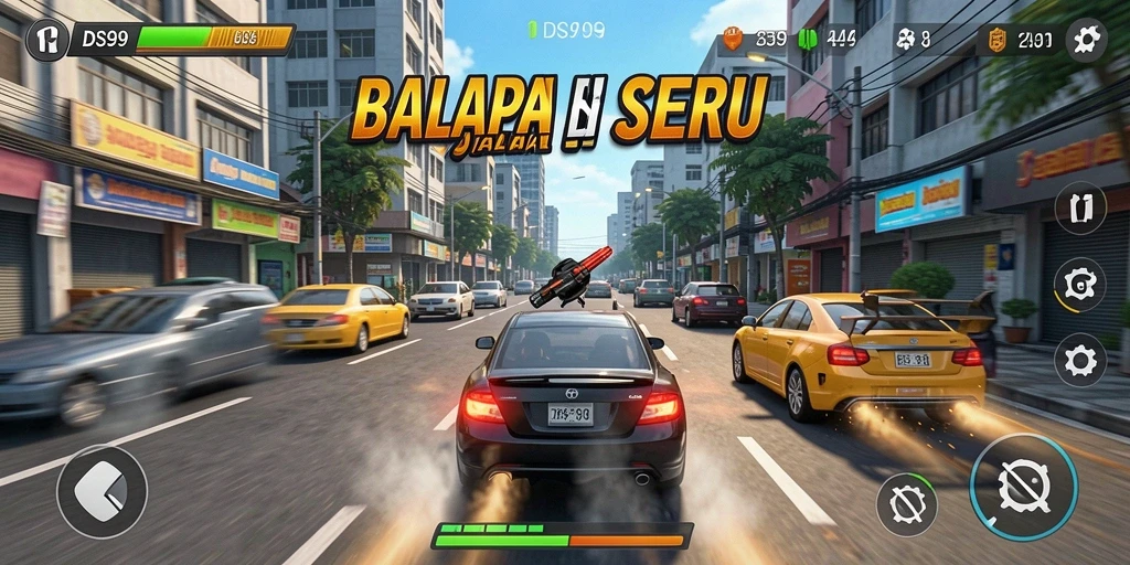 Tangkapan layar utama DS99 menampilkan aksi balapan yang seru dan menantang.