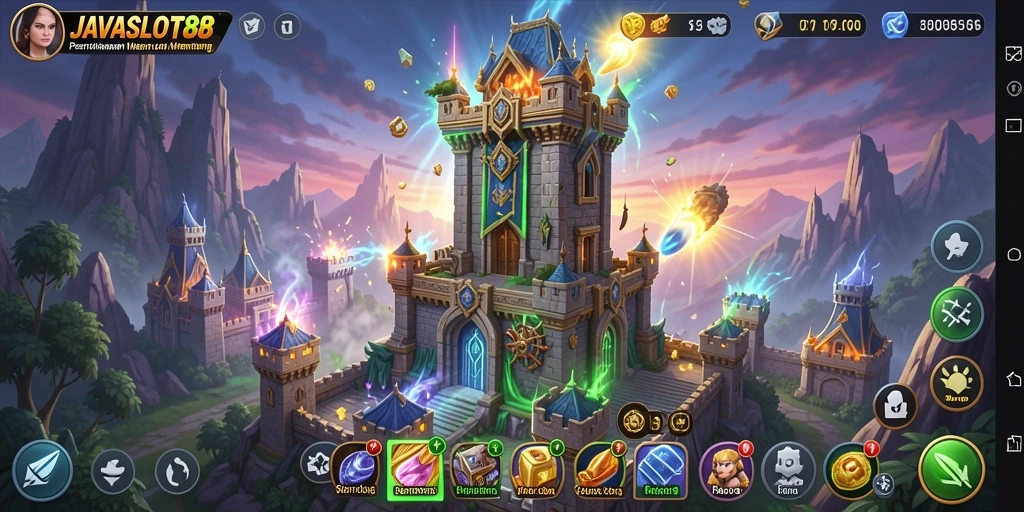Screenshot gameplay JAVASLOT88 menampilkan pertahanan menara yang menegangkan.