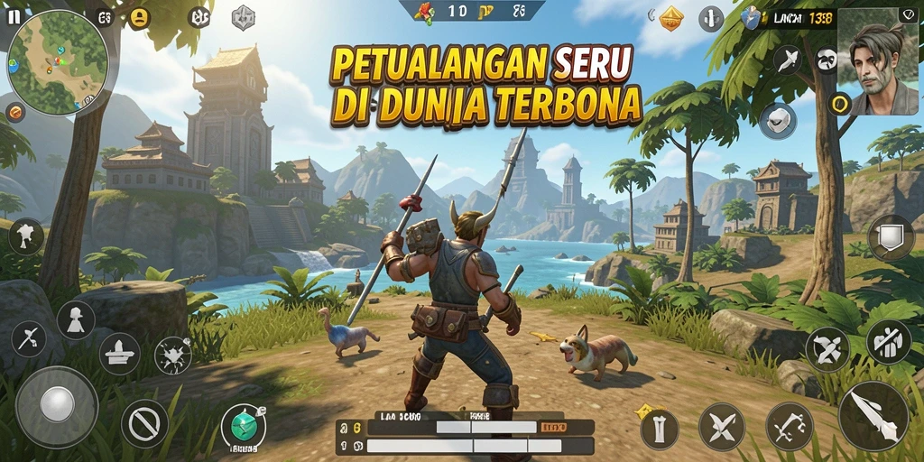 Screenshot gameplay LANCAR138 yang menampilkan eksplorasi dunia terbuka yang luas.