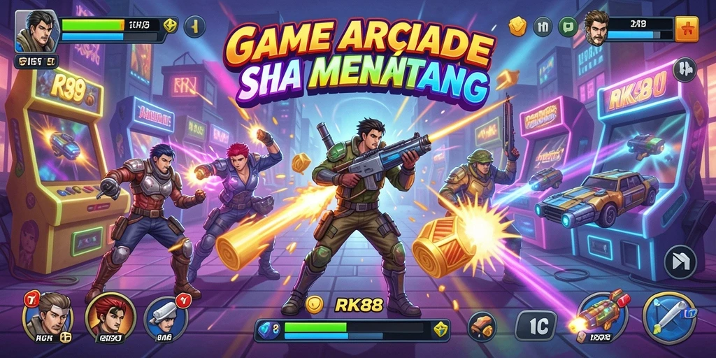 Screenshot utama RK88 menunjukkan karakter melawan rintangan dalam gameplay Arcade.